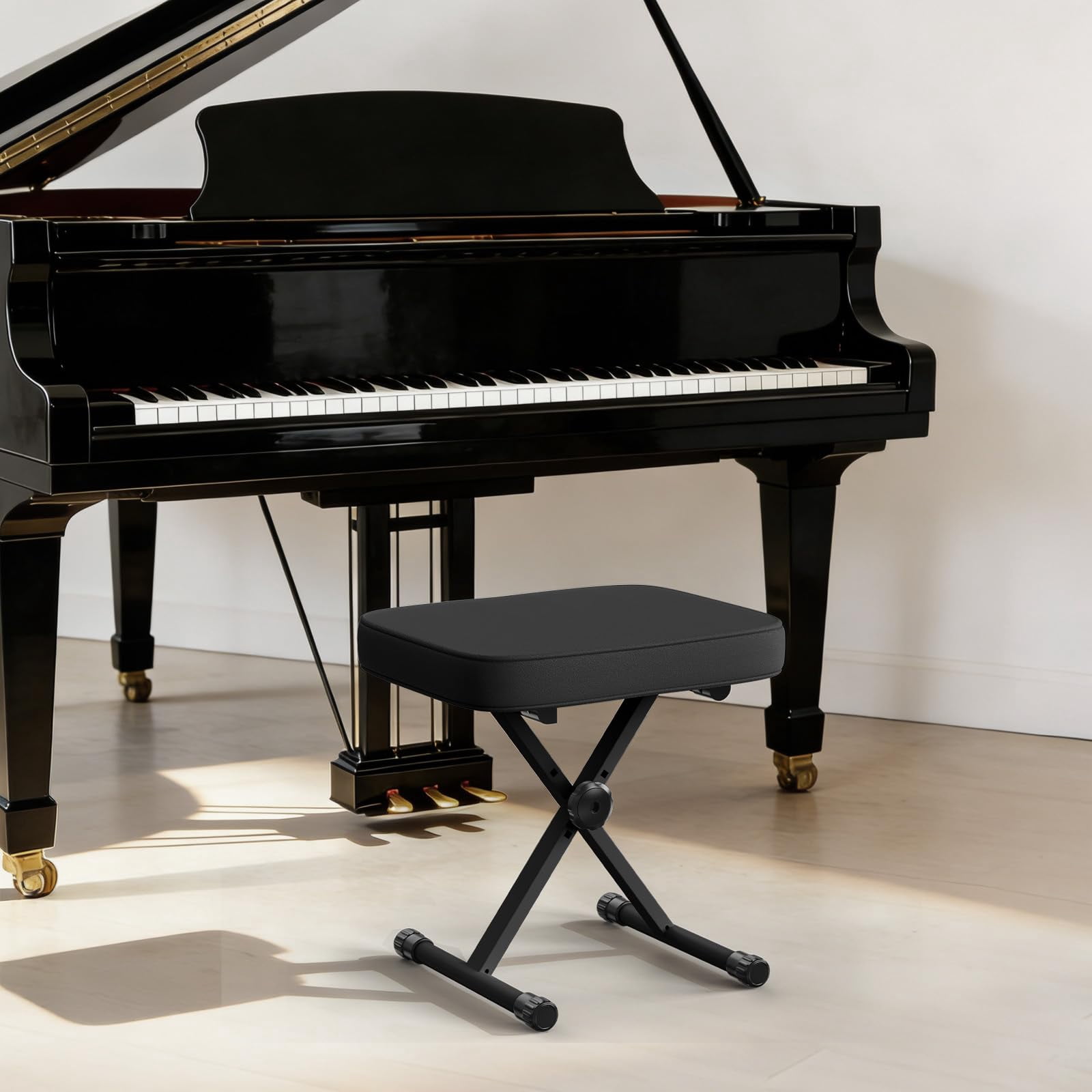 Adjustable Padded Keyboard Bench  X-style Collapsible Piano Guitar Stool With 2.56 Inch Thickness High-density Sponge And 3-position Height Waterproof Non-skid Design Black
