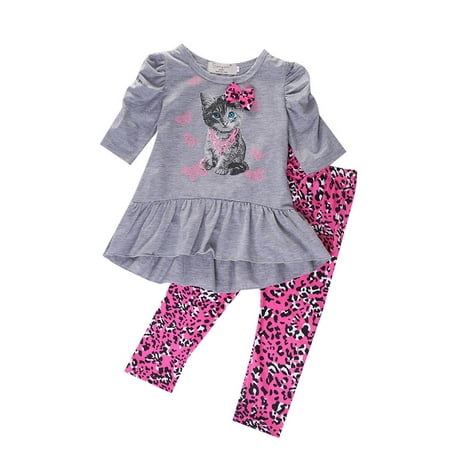 Pudcoco Baby Girl Kids Cat Tops Dress+Leopard Pants Leggings Outfits