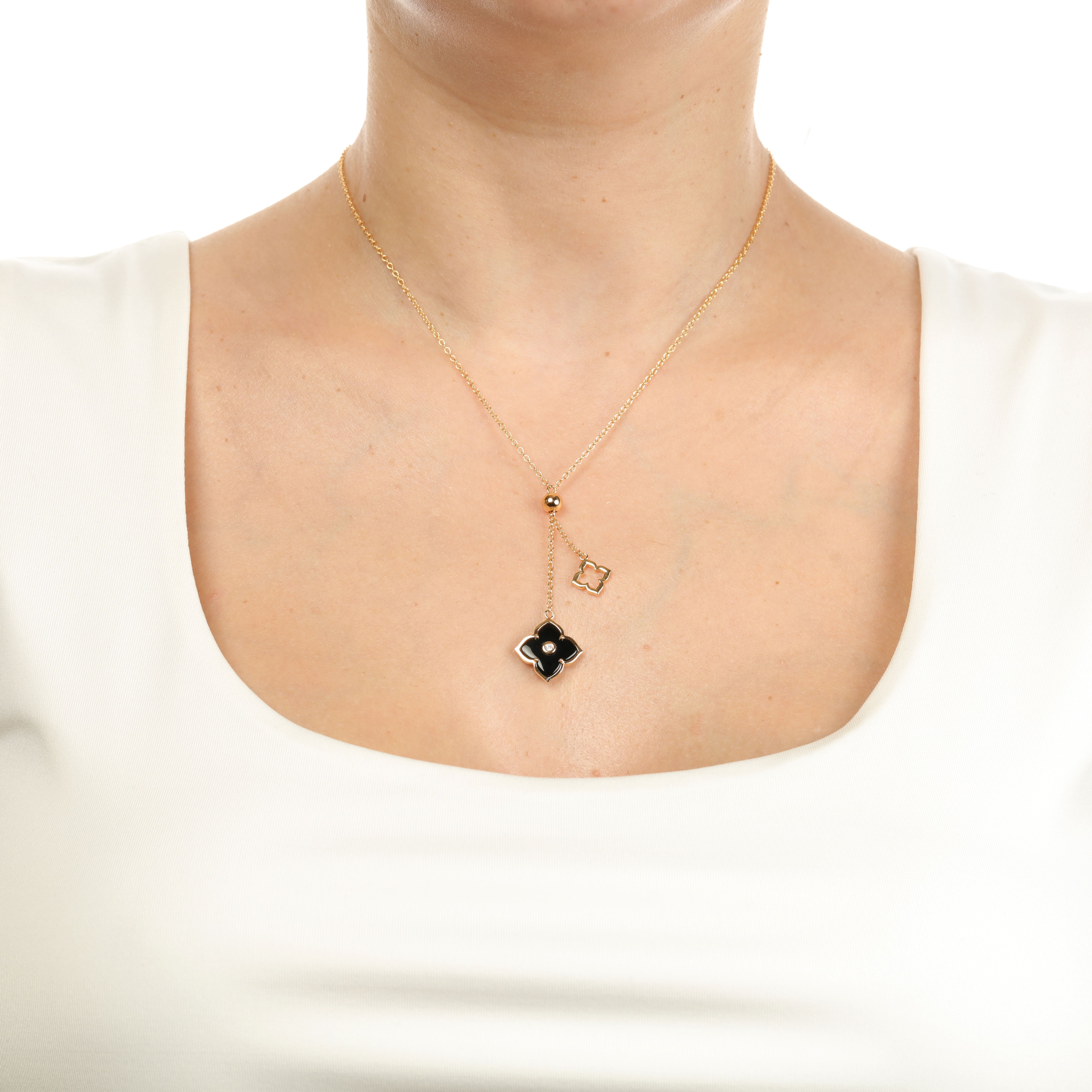 Black Onyx and Cubic Zirconia Double Flower Pendant Necklace in 925 Sterling Silver with Yellow Gold Plating 16 to 18 Inches Adjustable Spring Ring by Lavari Jewelers