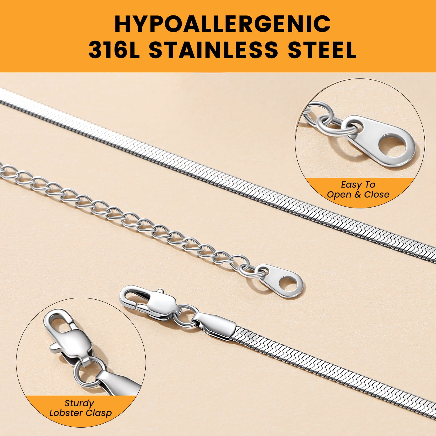 Bestyle Snake Chain Necklace for Women Dainty Herringbone Choker Stainless Steel Necklaces Everyday Wear Mother's Day Jewelry (3mm, 12.5")