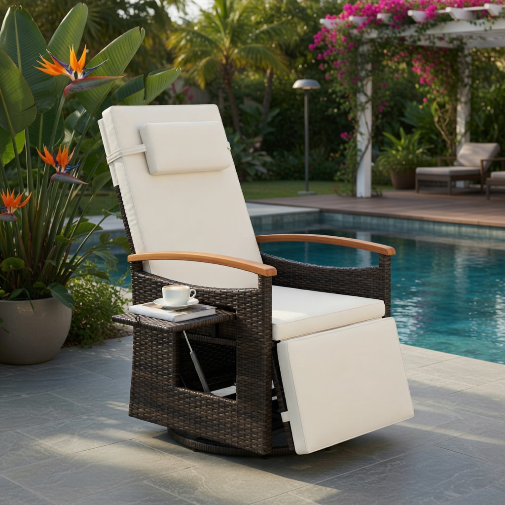 Hommoo 360° Swivel Outdoor Recliner Chair with Adjustable Backrest & Footrest, PE Rattan Patio Seating for Backyard, Porch, Poolside, White