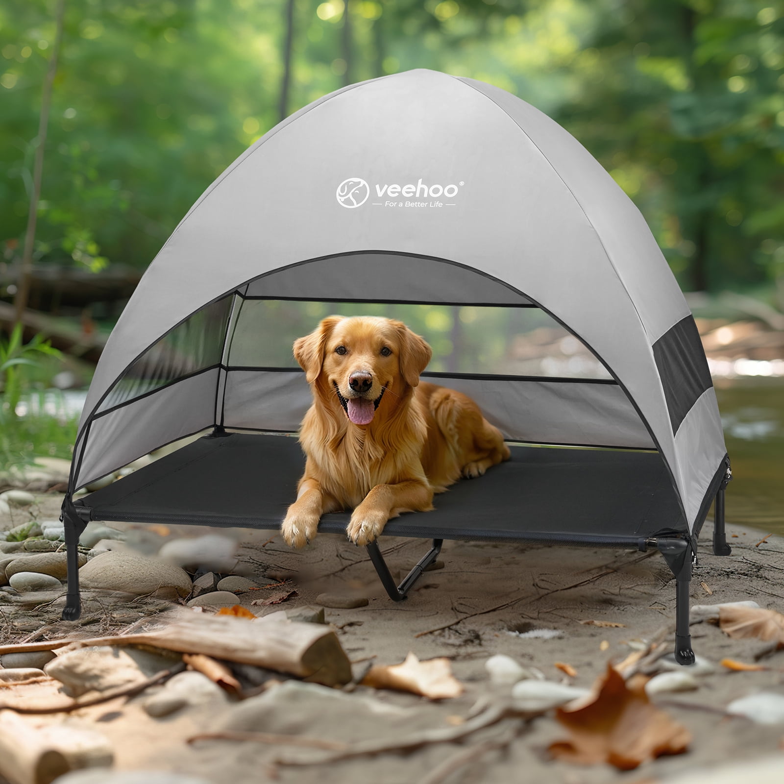 Veehoo Outdoor Dog Bed with Removable Canopy, Cooling Elevated Dog Cot Bed, XLarge, Black + Grey