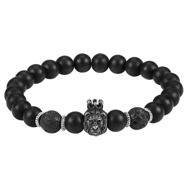 Pulsera con cuentas de Piedra negra para hombre ANGGREK con dije de cabeza de león elástica