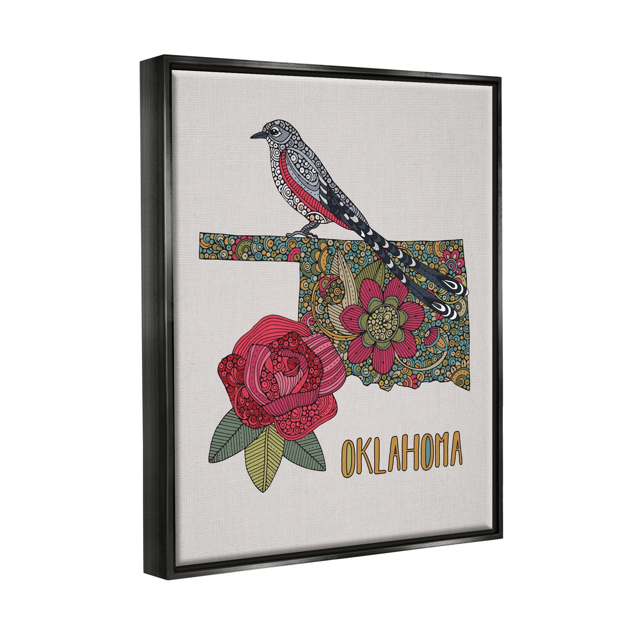 Stupell Industries Oklahoma State Bird & Flower Detailed Floral Pattern Graphic Art Metallic Gold Floating Framed Canvas Print Wall Art, Design by Valentina Harper