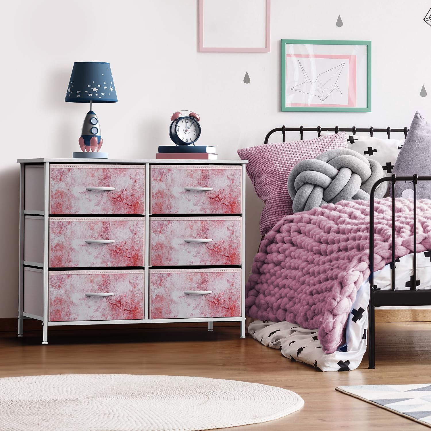 Sorbus 6-Drawer Dresser, Fabric Chest Organizer with Steel Frame & Wood Top, Tie-Dye Pink