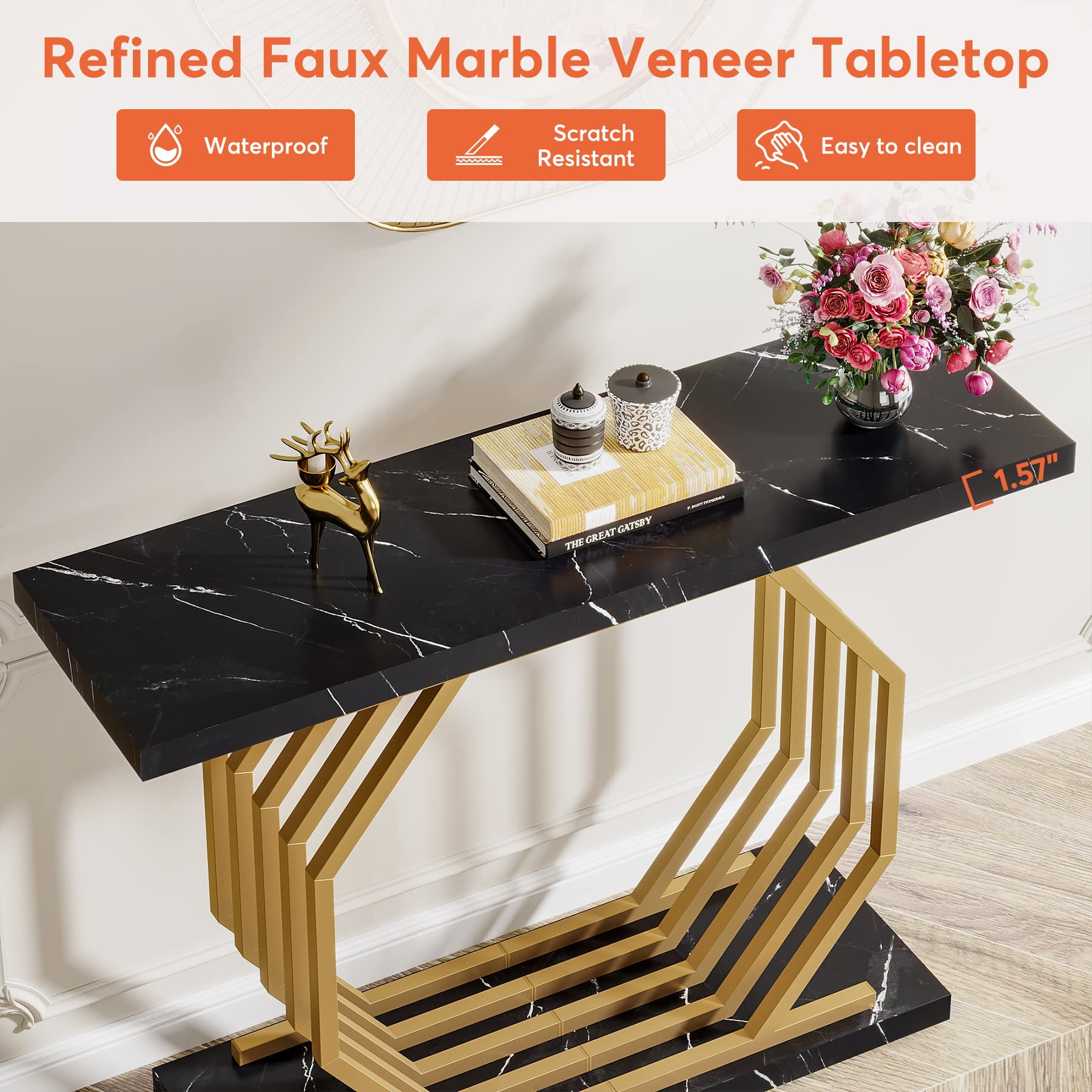 Tribesigns Gold Console Table, Faux Marble Entryway Table Narrow Sofa Table with Geometric Metal Base, 40 Inch Modern Accent Table Entrance Table for Living Room, Hallway, Foyer, Black and Gold