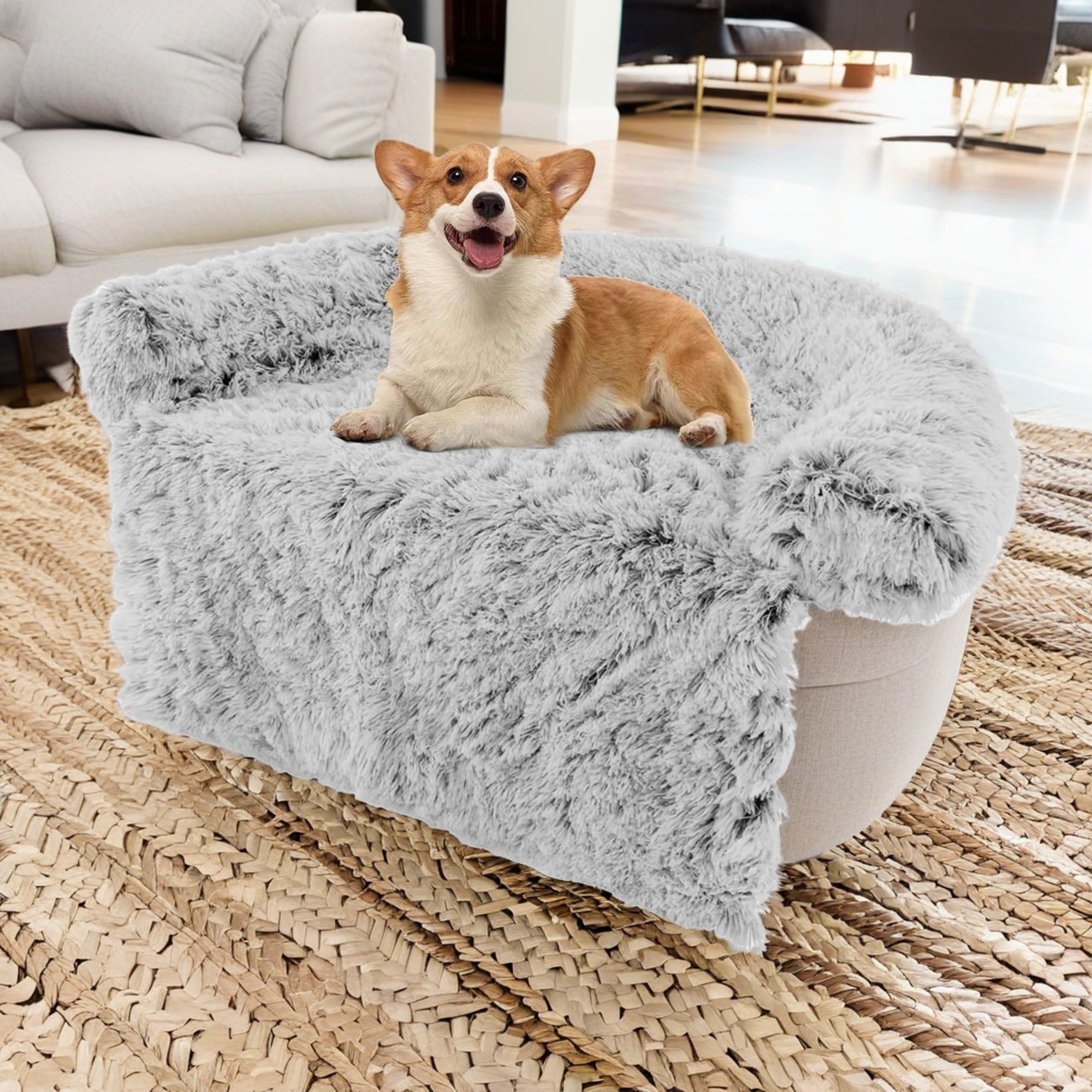 Kadyn 47" Plush Long Fur Dog Couch Bed, Dog Bed Mats with Anti-Slip Bottom, Washable Removable Couch Cover, Perfect for Medium and Large Dogs Cats, Gray-L