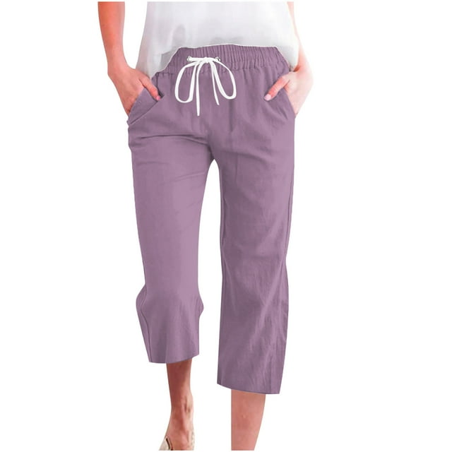 Women's Spring And Summer Solid Color Lace Up Pocket Loose Wide Legged Capris - Elastic, Suitable for Office, Parties