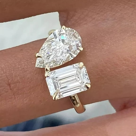 3.00Ct Pear & Emerald Cut Lab Created Diamond Toi et Moi Ring 14k Yellow Gold Plated