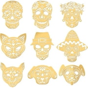 9pcs 1.6x1.6 Inch Day of The Dead Sticker Floral Skull Stickers Self Adhesive Gold Metal Stickers Cat Dog Skull Metal Gold Stickers for Scrapbooks DIY Resin Crafts Phone Decoration