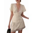 thumbnail image 3 of Silk Puff Short Sleeve Drawstring V Neck Tops and Mini Skirts Yellow M, 3 of 8