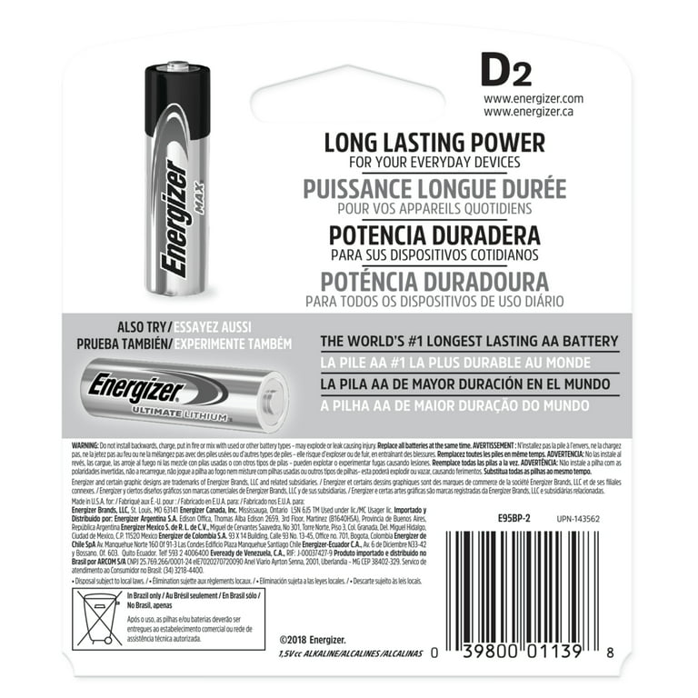 Energizer Max Battery, Alkaline, D - 2 batteries