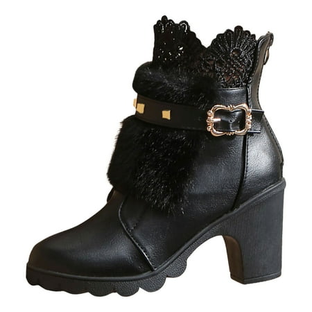 

Ladies Autumn And Winter Casual Rhinestone Buckle Lace Splicing Heel High Heel Ankle Boots Short Boots Royally Comfortable Stretch Summer Fall