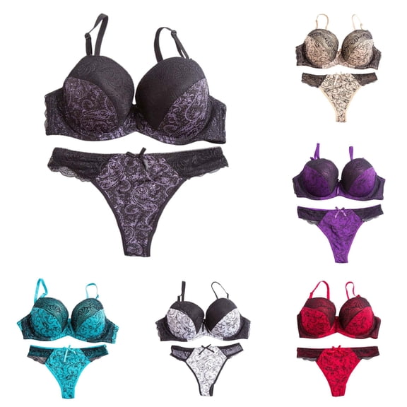 Huowey Bras For Women Underwire Color Block Bra Thong Set Lace Color Matching Panty Plus Size Underwear Set Brassiere,Black
