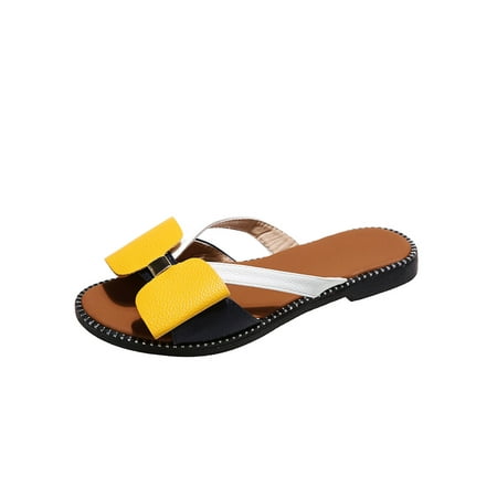 

UKAP Womens Flat Sandals Slip On Sandal Beach Slides Casual Slippers Ladies Bowknot Lightweight Yellow 6.5