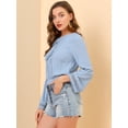 thumbnail image 4 of Allegra K Blusa recortado con dobladillo fruncido y manga de campana con cuello de lazo campesino bordado de encaje para mujer Azul grisáceo XS, 4 of 6