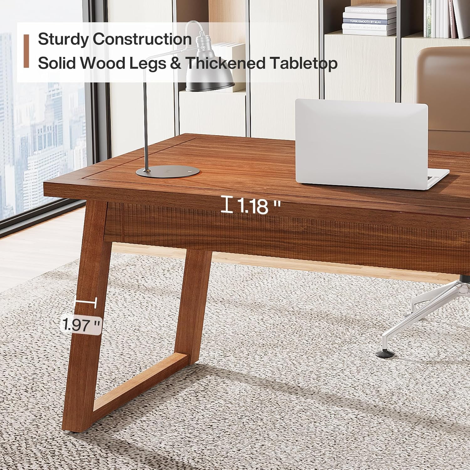 Finmind 55" Solid Wood Executive Desk with Drawer: Mid-Century Modern Writing Table