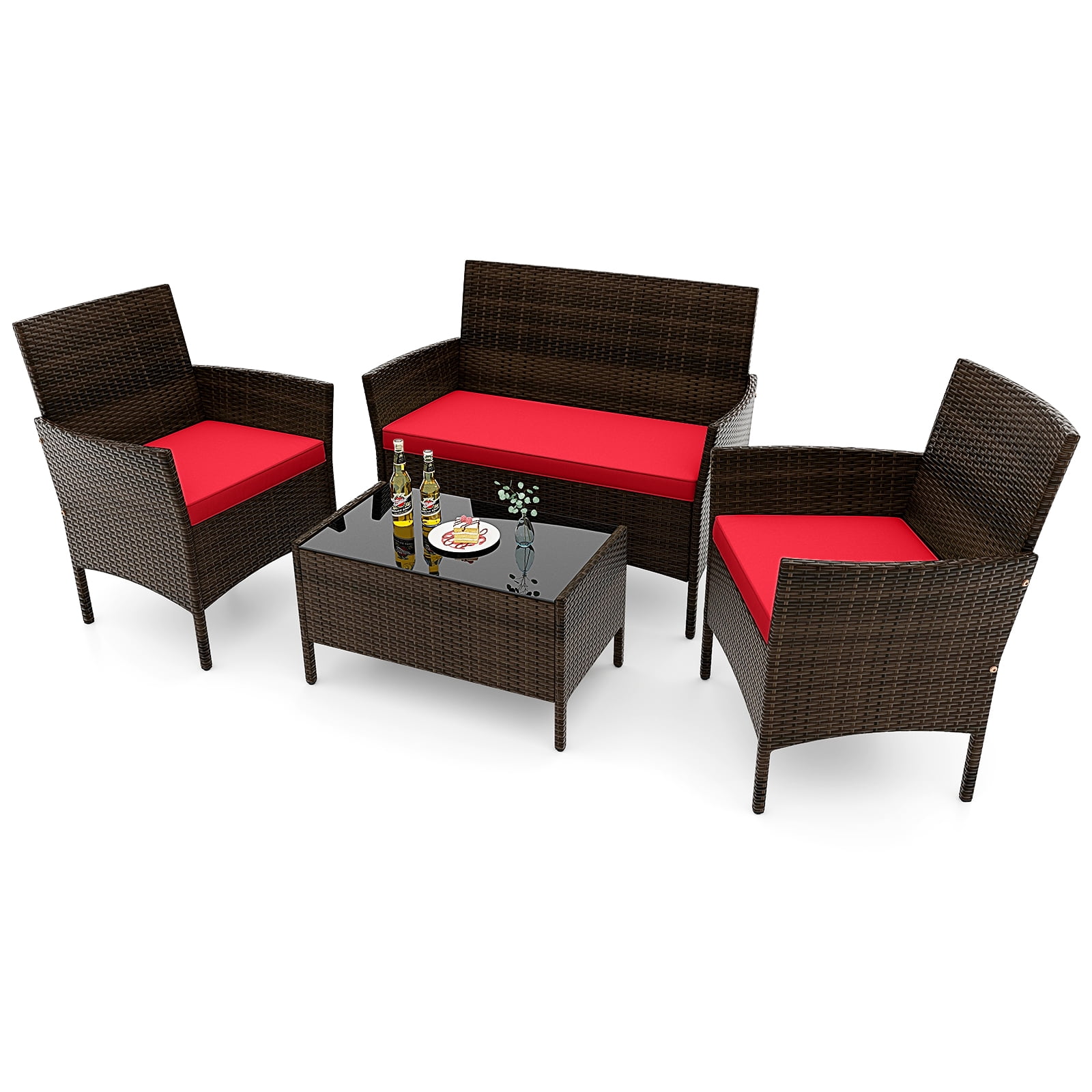 Costway 4PCS Patio Rattan Furniture Set Cushioned Sofa Coffee Table Backyard Porch Red