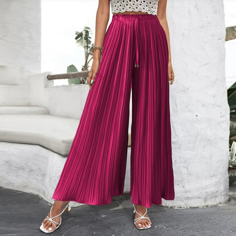 JDEFEG Women Casual Pants Elastic Waist Womens Wide Leg Palazzo Pants High  Waisted Pant Smocked Pleated Loose Fit Casual Trousers Fancy Clothes for  Women Chiffon Purple L 