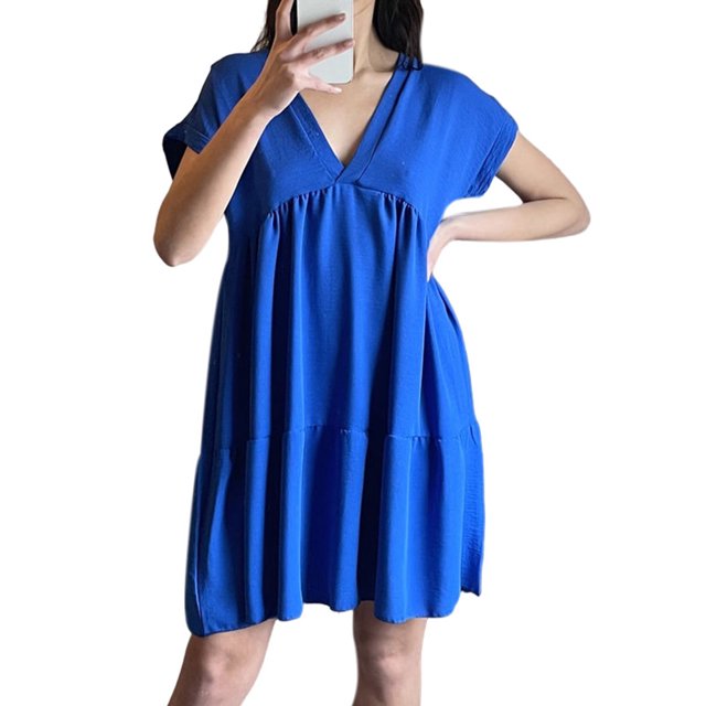 MAWCLOS Femmes Mini Robes Couleur Unie T-Shirt Robe Manches Courtes Robe de Soleil Casual Été V Cou Bleu Profond S