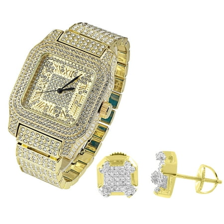 - Gold Tone Mens Watch Techno Pave Full Iced Out Simulated Diamonds Studs Earrings