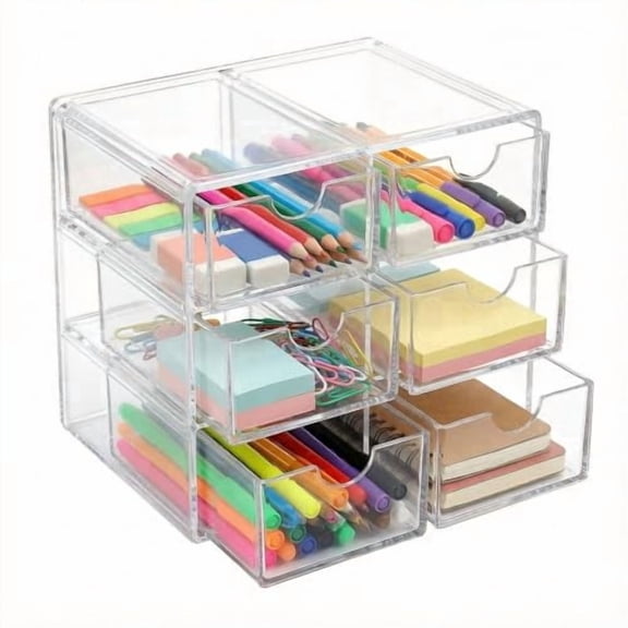 Acrylic Drawer Organizer, Drawer Stackable Desk Storage Box for Stationery, Cosmetics, Jewelry & Office Supplies, Transparent Dustproof Desktop Organizer with Accessories
