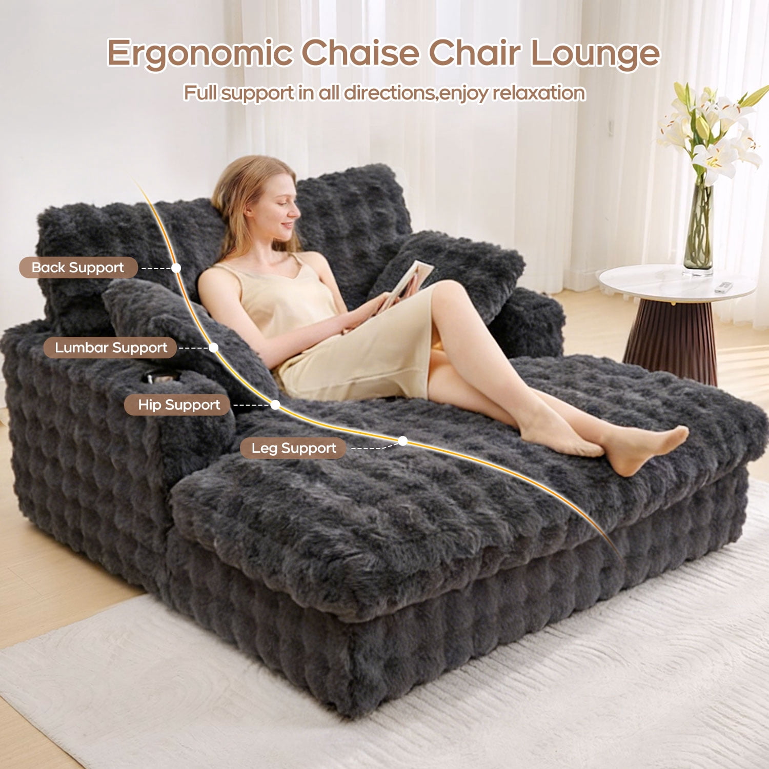 Faux Fur Oversized and Upholstered Chaise Lounge Loveseat Sleeper Sofa with Wood Frame and 2 Pillows, Gray