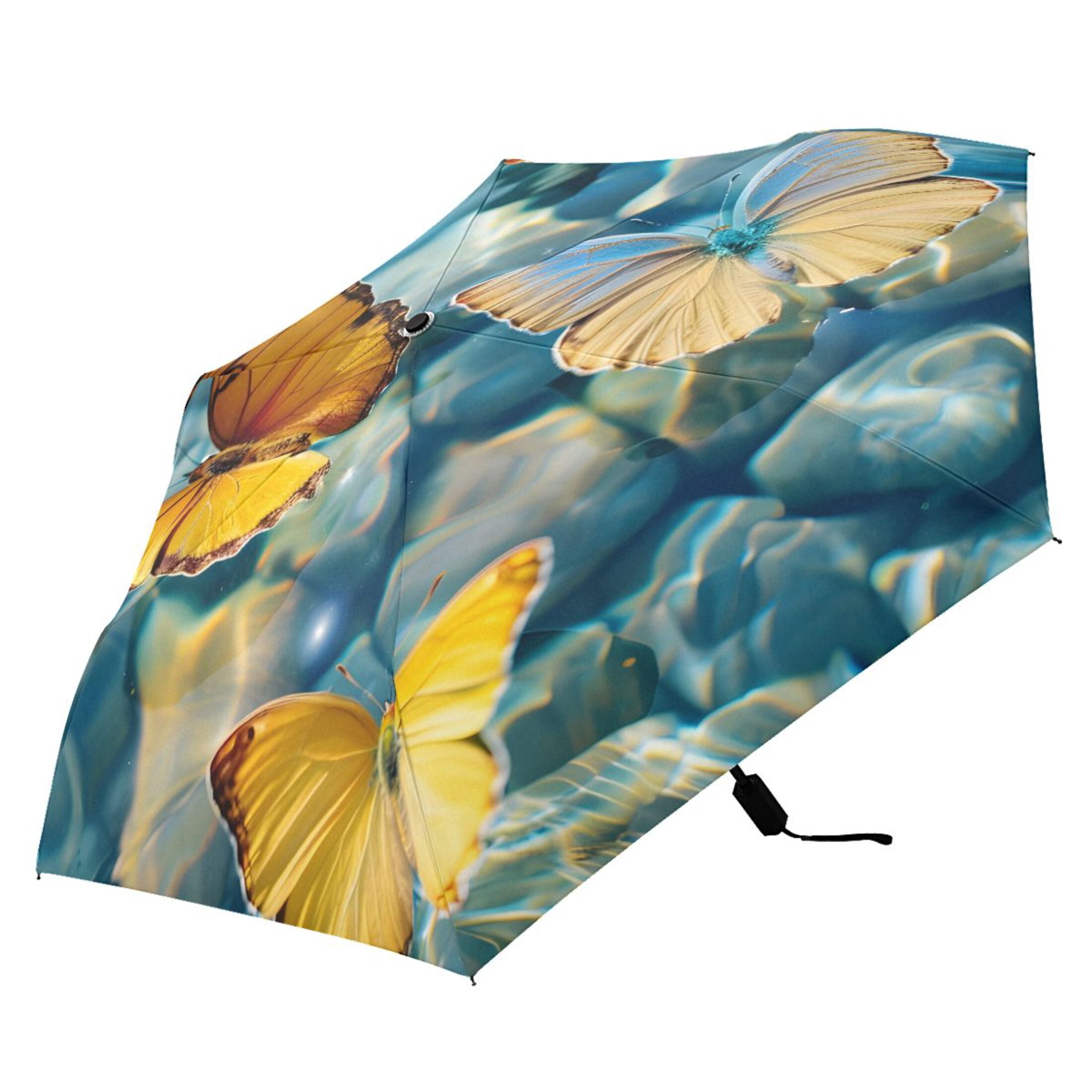 Butterflies on Clear Water Compact Sun Umbrella Windproof Travel Umbrellas for Rain Strong Portable UV Protection
