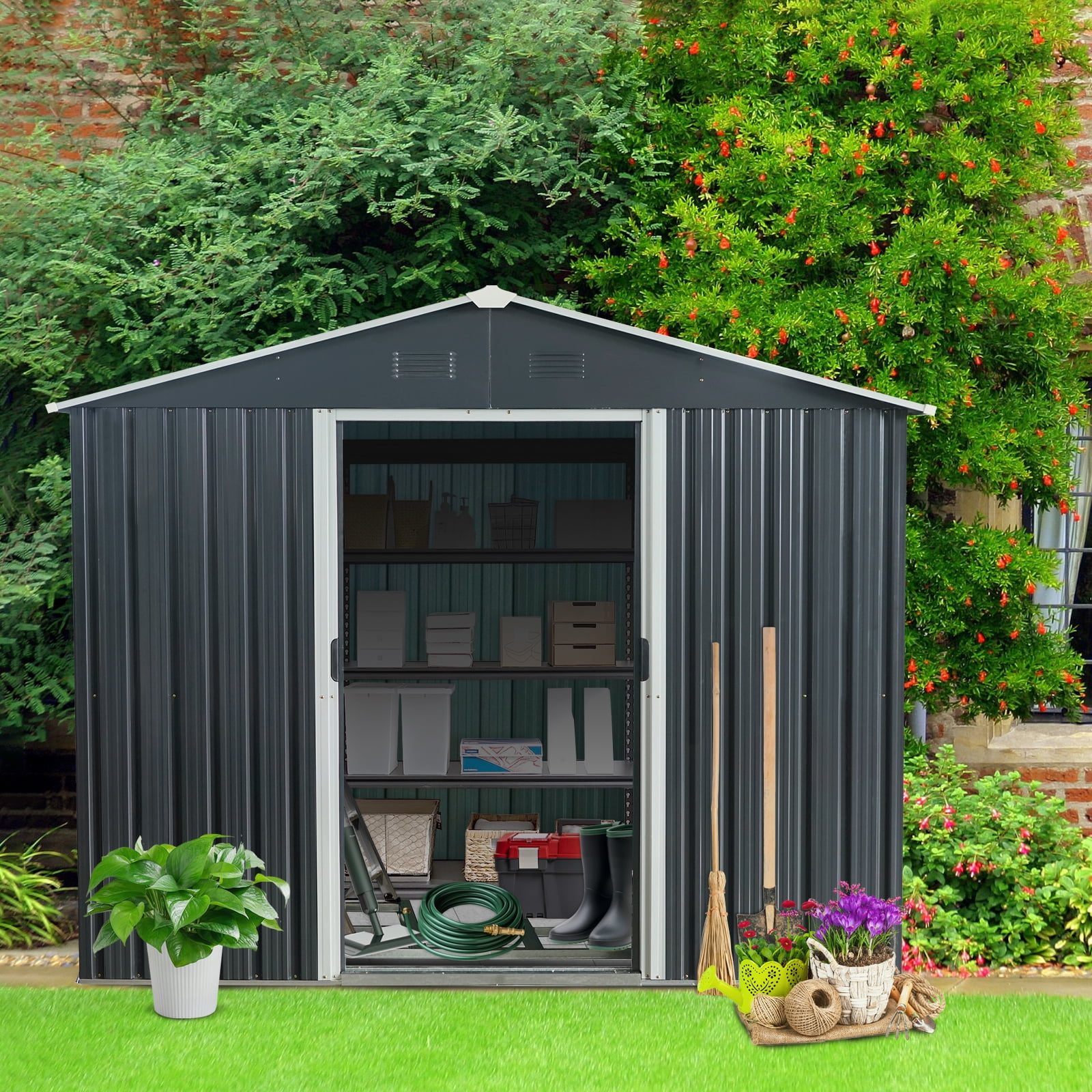 IMagacFun 8x10 Metal Outdoor Storage Shed with Floor Base and Lockable Sliding Doors & Vents for Garden Backyard Patio Lawn Black