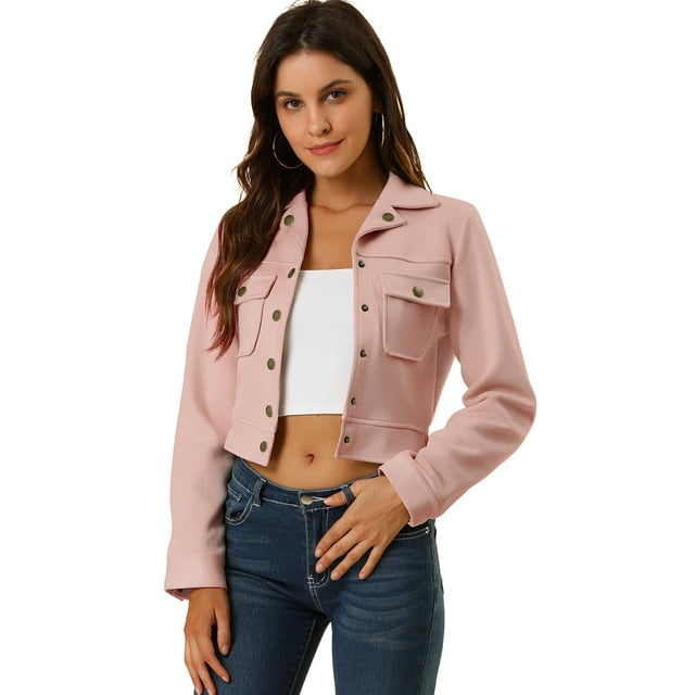 INSPIRE CHIC Women's Turn Down Collar Faux Suede Cropped Moto Jacket
