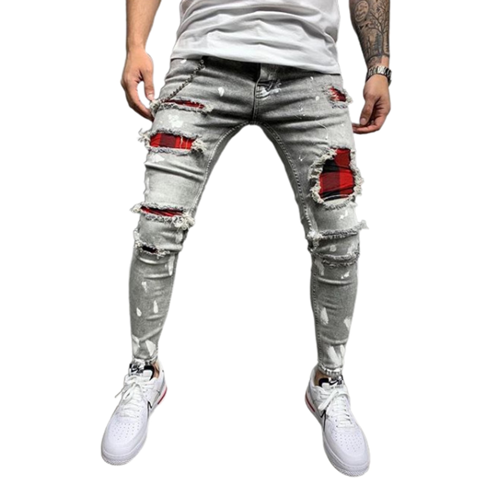 Allonly Womens Destroyed Skinny Fit Stretch Wrinkle Design Patchwork Ripped Biker Jeans Pencil Pants with Zippers