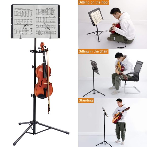 Klvied Folding Sheet Music Stand with Violin Hanger, Portable, Black