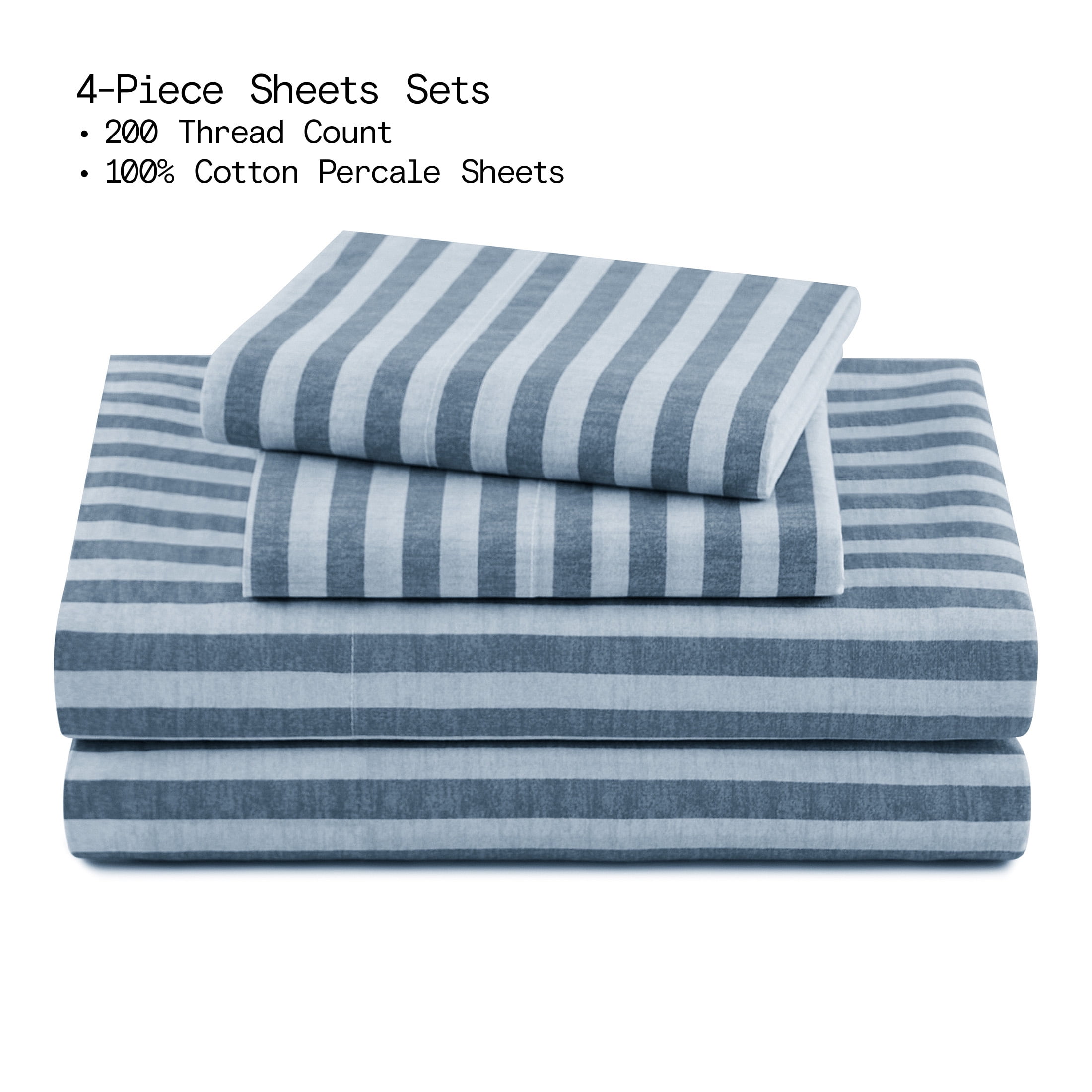 Beautiful Striped 4-Piece 100% Cotton Washed Percale Starry Night Blue Sheet Set, Queen by Drew Barrymore