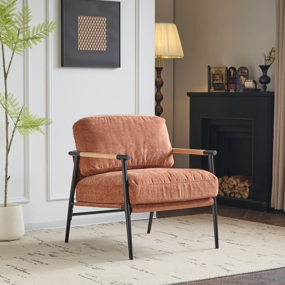 27.56" Modern Accent Chair with Plush Cushions, Minimalist Metal Frame, and Wooden Armrest Design – Stylish Seating for Cozy Living Room, Bedroom, or Office