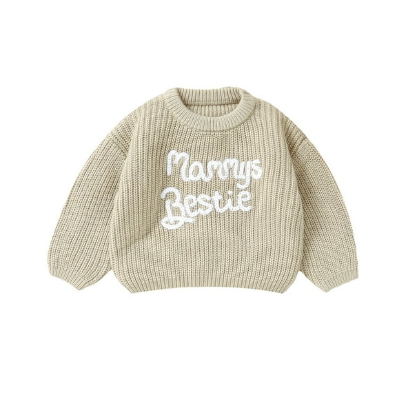 QUOTAY Toddler Sweater for Baby Boys and Girls Knit Crewneck Letter Embroidery Pullover Shirt Winter Warm Coat for Kids Beige,6-9 Months