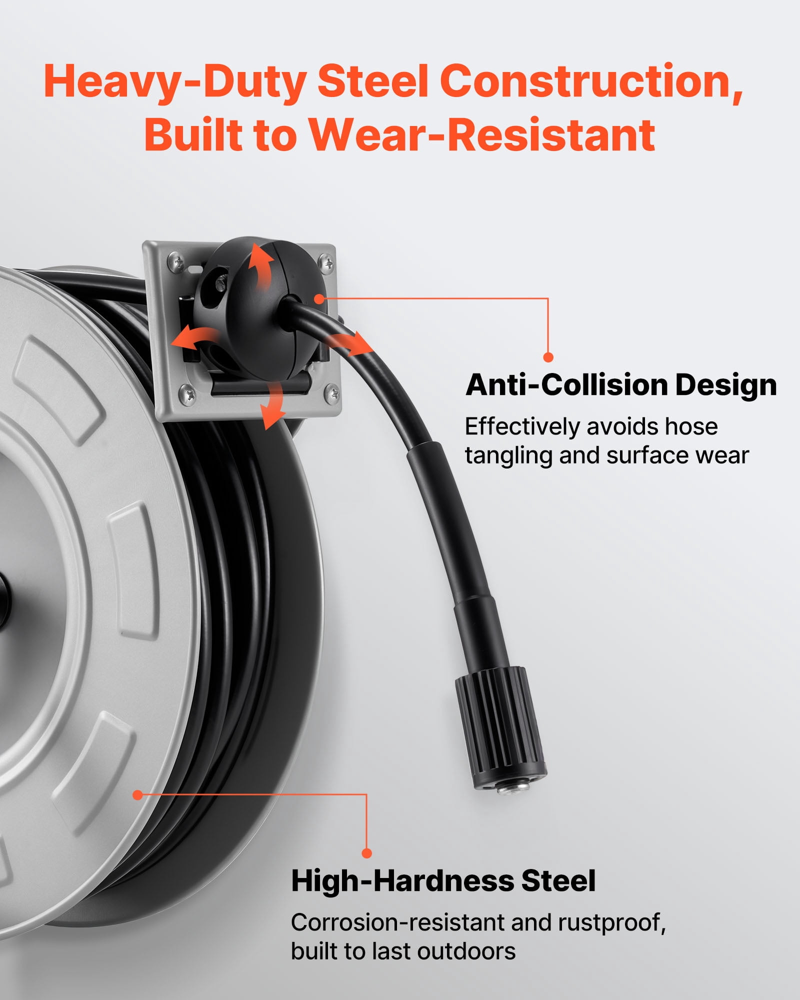 VEVOR Pressure Washer Hose Reel, 65 ft x 1/4 inch Retractable Power Heavy-Duty Steel Washer Hose Reel, 3200PSI Max, Auto-Rewinding, Flexible Wall/Floor Mounted for Car Washing,Garden,Floor Cleaning