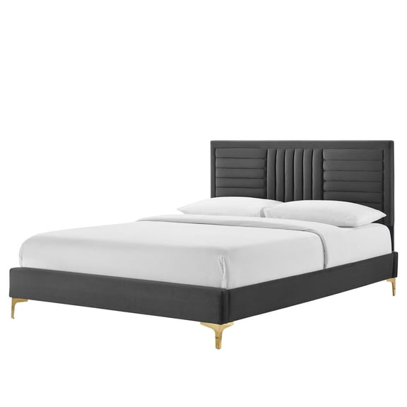 Platform Bed Frame, Tufted, Full Size, Dark Grey Gray, Velvet, Mid Century Bedroom, Modern Contemporary Boutique HB35593