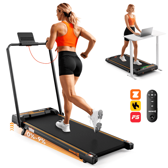 BEROCA Portable Treadmill with Incline, 3HP Small Foldable Treadmill for Small Space Home Office, 300 lbs Under Desks Walk Pad with Handle Bar APP 3 Colors Lights