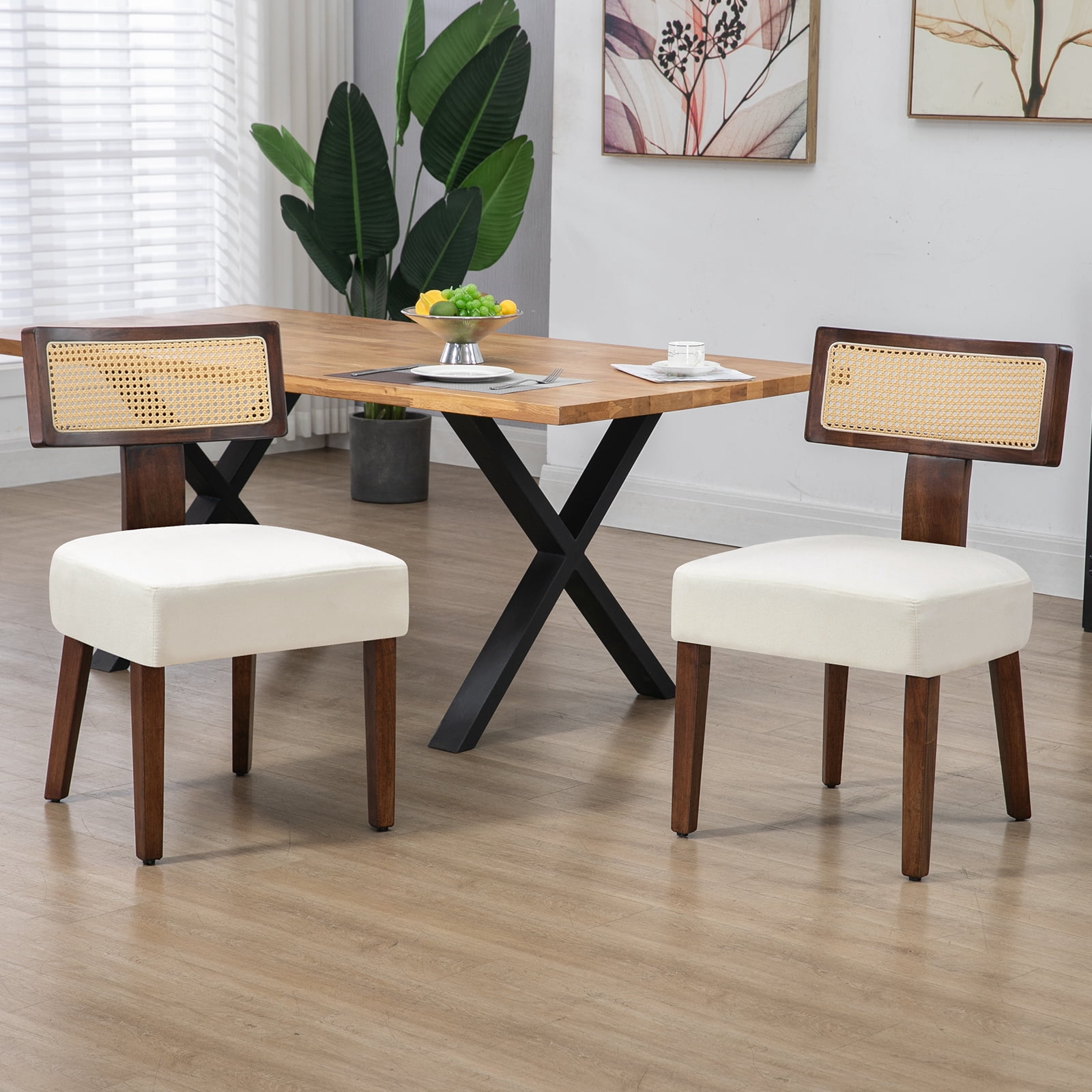 Rattan Dining Chairs Set of 2, Modern Kitchen Dining Room Chair with Curved Cane Back & Hardwood Frame in Walnut Finish, Cream Linen Upholstered