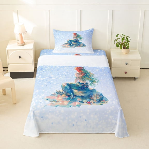 Feelyou Dreamy Fairy Mermaid Princess Twin Sheet Sets for Kids Boys Girls, Glitter Starry Sky Stars Bedding, Blue, 3 Pieces