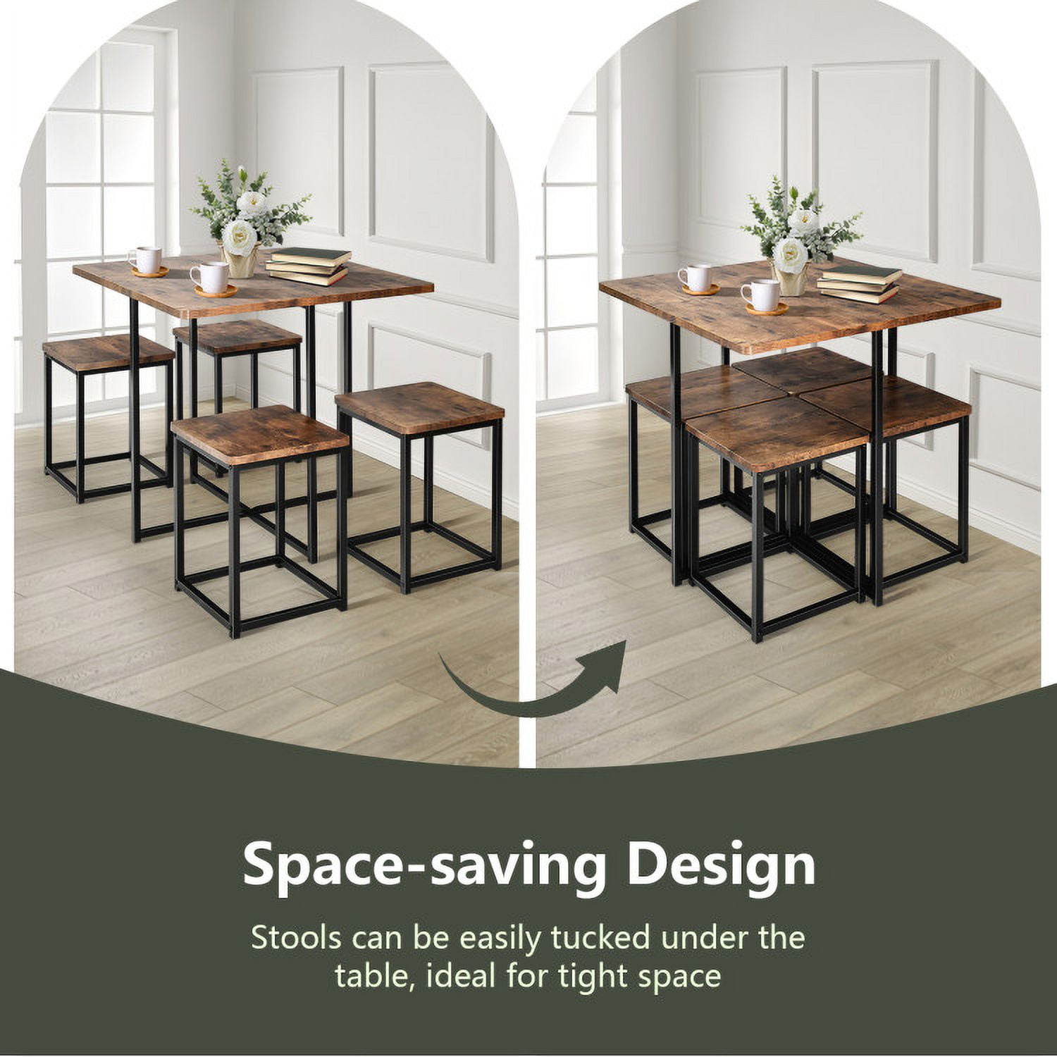 Finihen Dining Set, Dining Table Set, 5 Pieces Metal Frame Dining Set with Compact Dining Table and 4 Stools, for Home, Restaurant, Walnut Finihen Dining Set, Dining Table Set, 5 Pieces Metal Frame Dining Set with Compact Dining Table and 4 Stools, for Home, Restaurant, Walnut