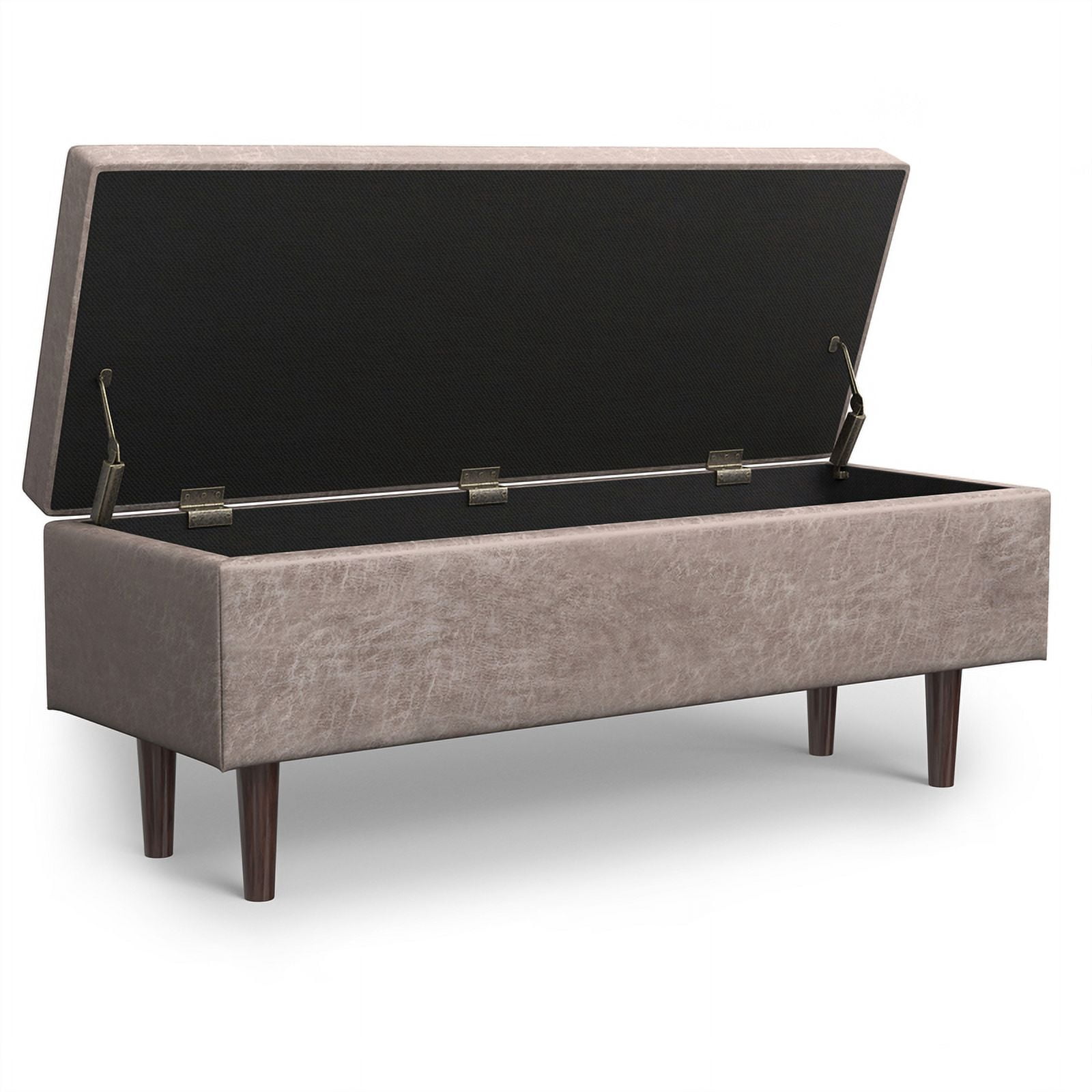 Simpli Home Shay 48" Wide Modern Rectangle Storage Ottoman in Gray Taupe Vegan Faux Leather
