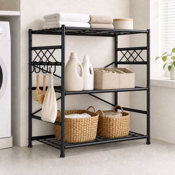 melmine 3-Tier Metal Shelving Unit, 23.6"W x 13.8"D x 30.9"H Matte Black Storage Rack with Hooks, Freestanding Shelf Organizer for Kitchen, Pantry, Bathroom, Laundry Room, Garage