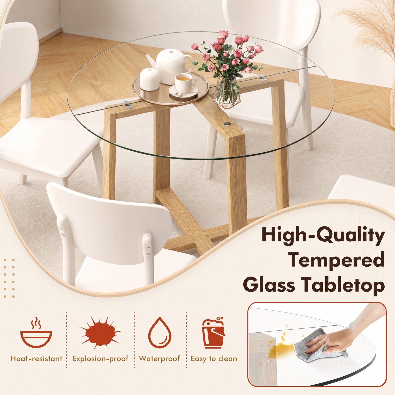 Furnibear 42 Inch Round Glass Dining Table for 4 to 6 with Tempered Glass Top and Rubber Wood Legs for Kitchen and Dining Room, Natural