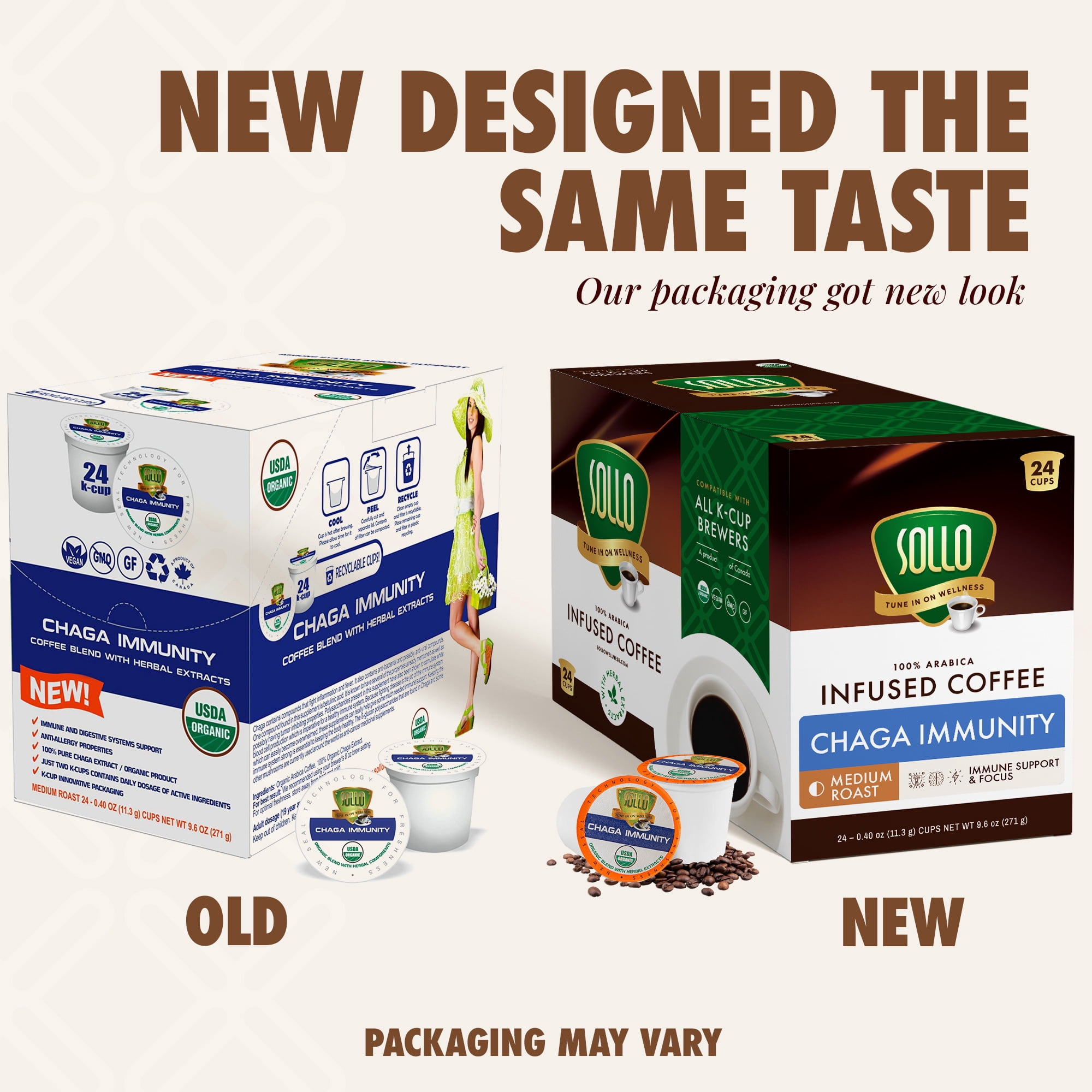 SOLLO Chaga Mushroom Infused Coffee Pods, Boost Focus & Immunity, Memory & Clarity, Medium Roast, Compatible With 2.0 K-Cup Keurig Brewers, Organic by USDA, No After Taste, 24 Ct