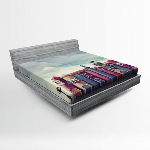 Ambesonne Fantasy Fitted Sheet, City of Old Books Birds, Full Size, Red and Blue