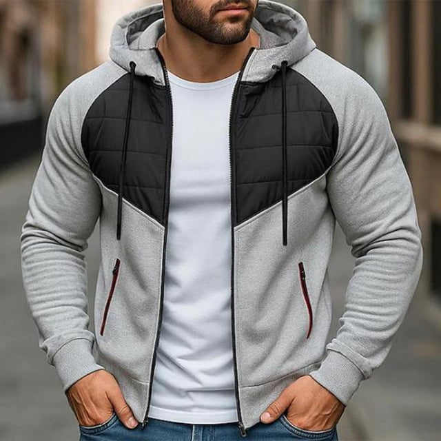 pstuiky mangas largas para hombre, Chaqueta tipo cárdigan con capucha y cremallera de manga larga con empalmes de color liso para hombre salir tops m