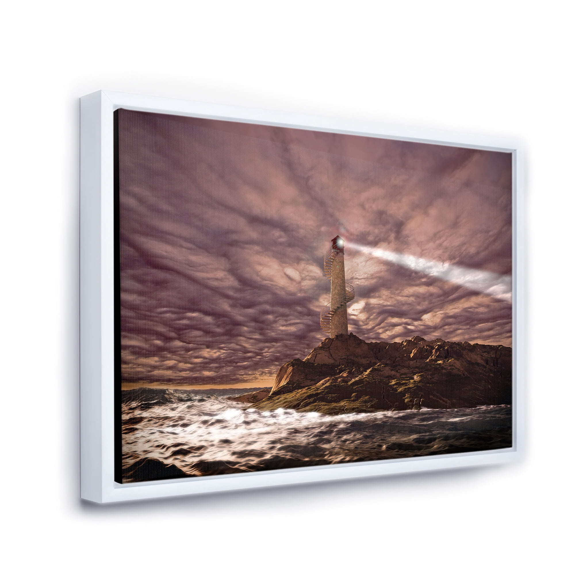 Designart 'Lighthouse Shining Light During Stormy Clouds Night I' Nautical & Coastal Framed Canvas Wall Art Print