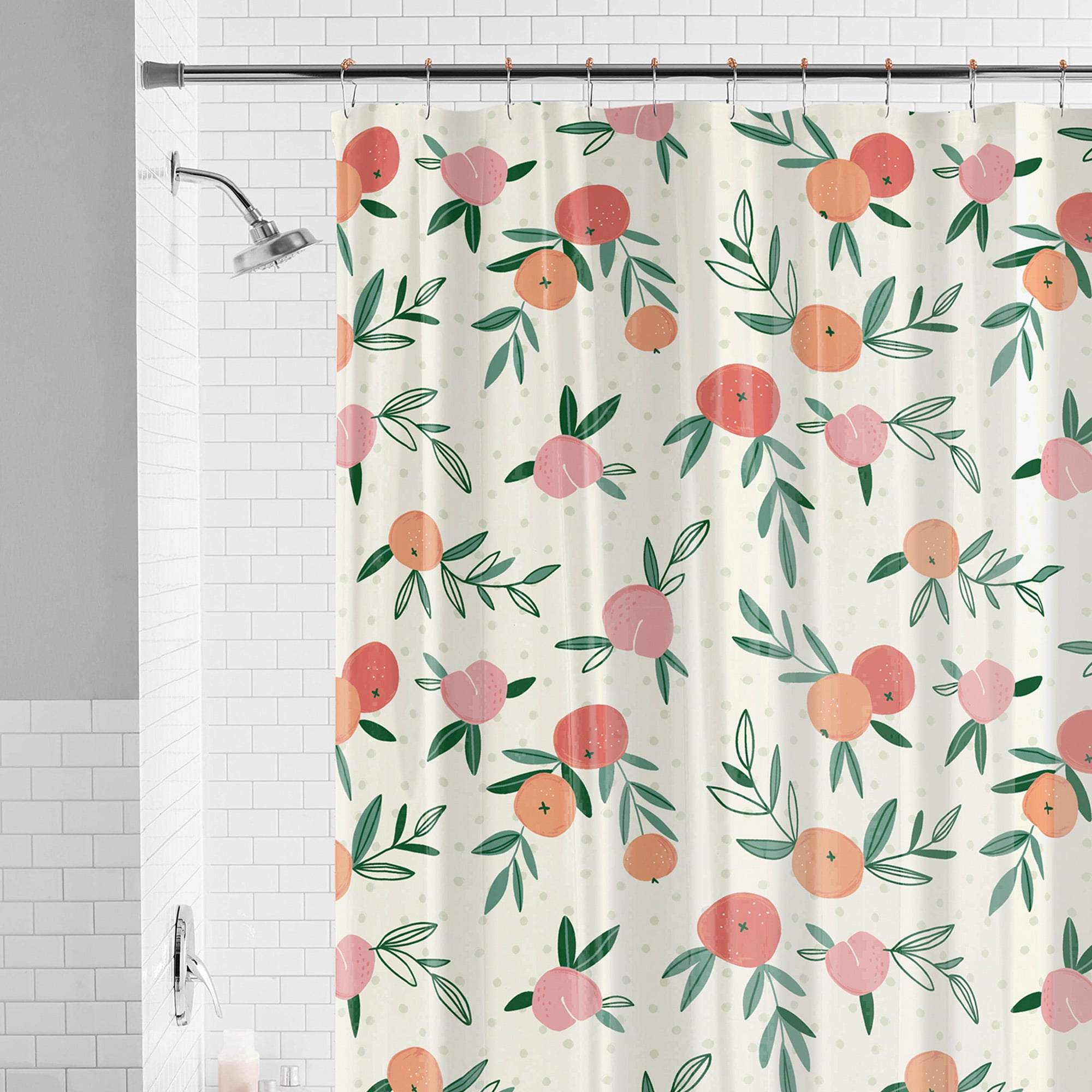 Mainstays Waterproof Peaches 30% Recycled PEVA Shower Curtain Set & Hooks, 13-Piece, Orange, Yellow