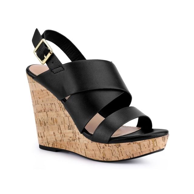 BLISSFUL STEP Open Toe Platform Wedge Heel Sandals for Women Black Black 7